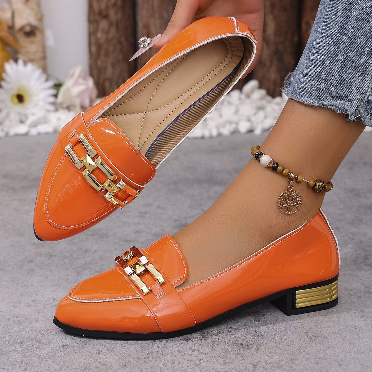 Women's Slip-On Loafers With Glitter Details Pointed Toe Mid-Heel Shoes