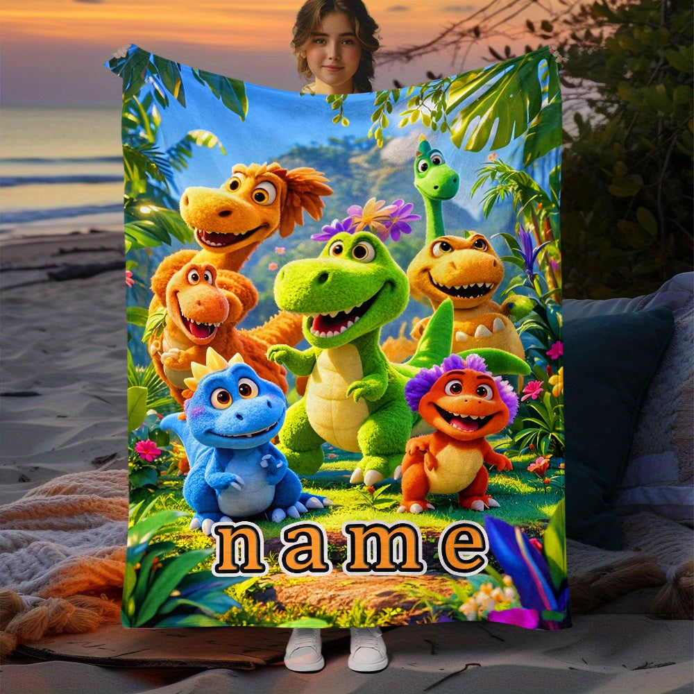 Personalized Fleece Blanket with Custom Name and Cartoon Dinosaur Print Lightweight Flannel Throw for Sofa Bed Travel Living Room Office