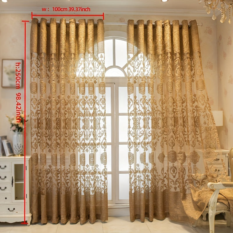 Golden Jacquard Sheer Curtain Grommet Top for Bedroom Living Room Home Decor