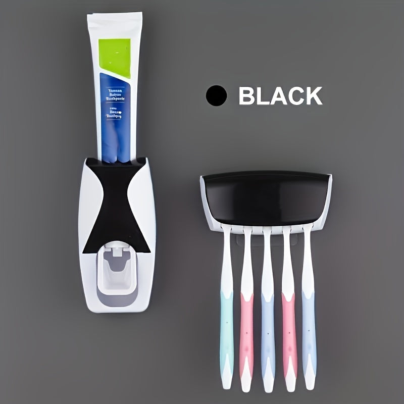 Black and White Wall-Mounted Toothbrush Holder and Toothpaste Dispenser Set No-Drill Battery-Free