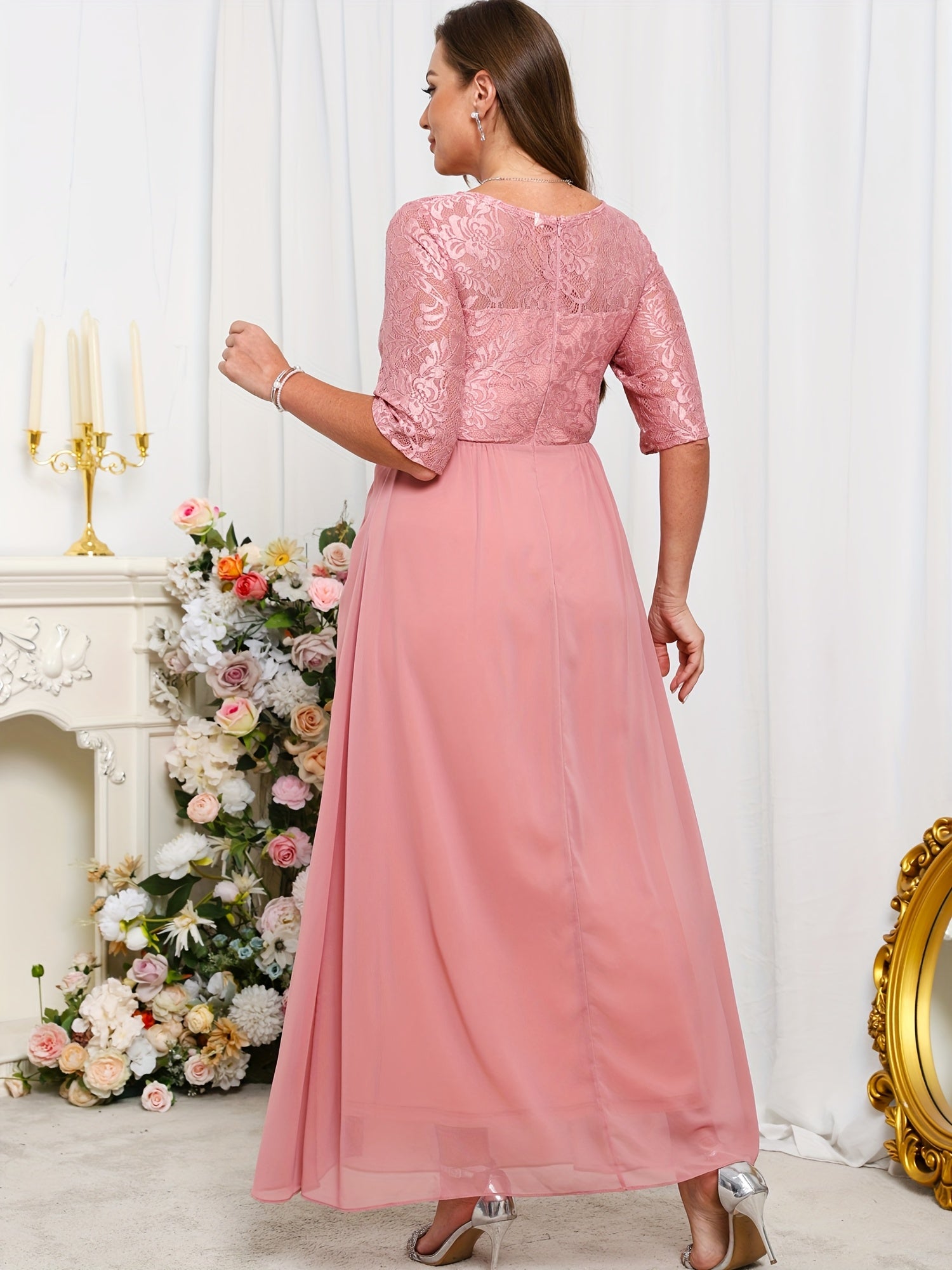 Women's Plus Size Chiffon Dress with Lace Appliqué and Contrast Waistband