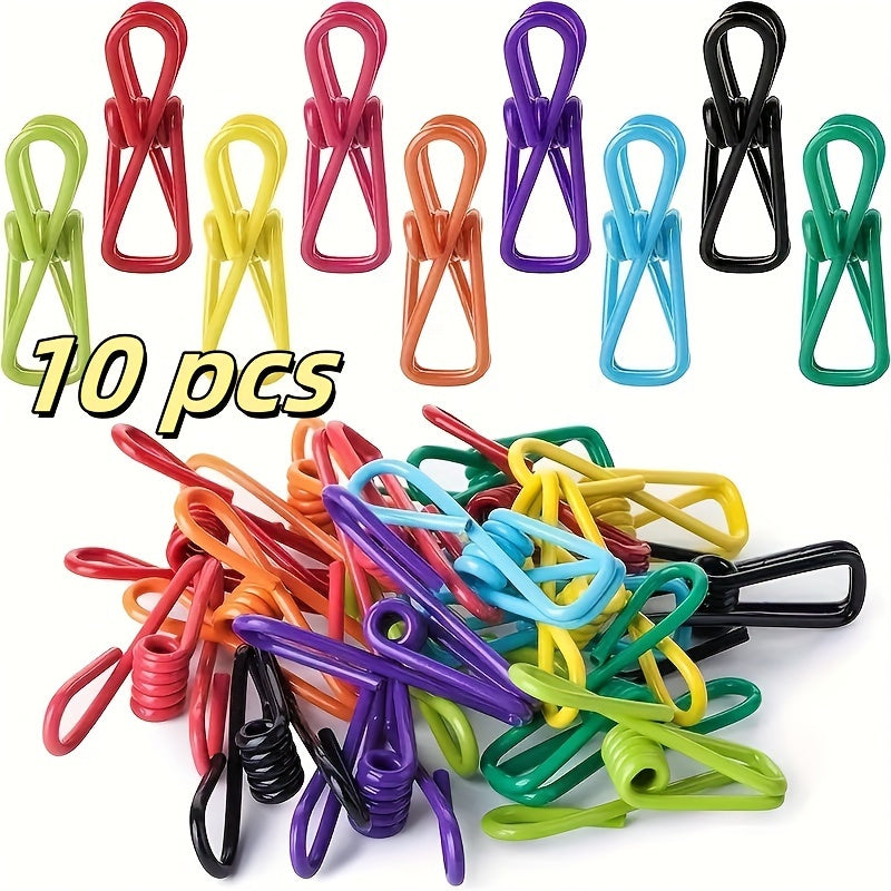 Set of 10 Metal Clothespins in Assorted Colors with Anti-Slip Grip for Laundry and Home Organization