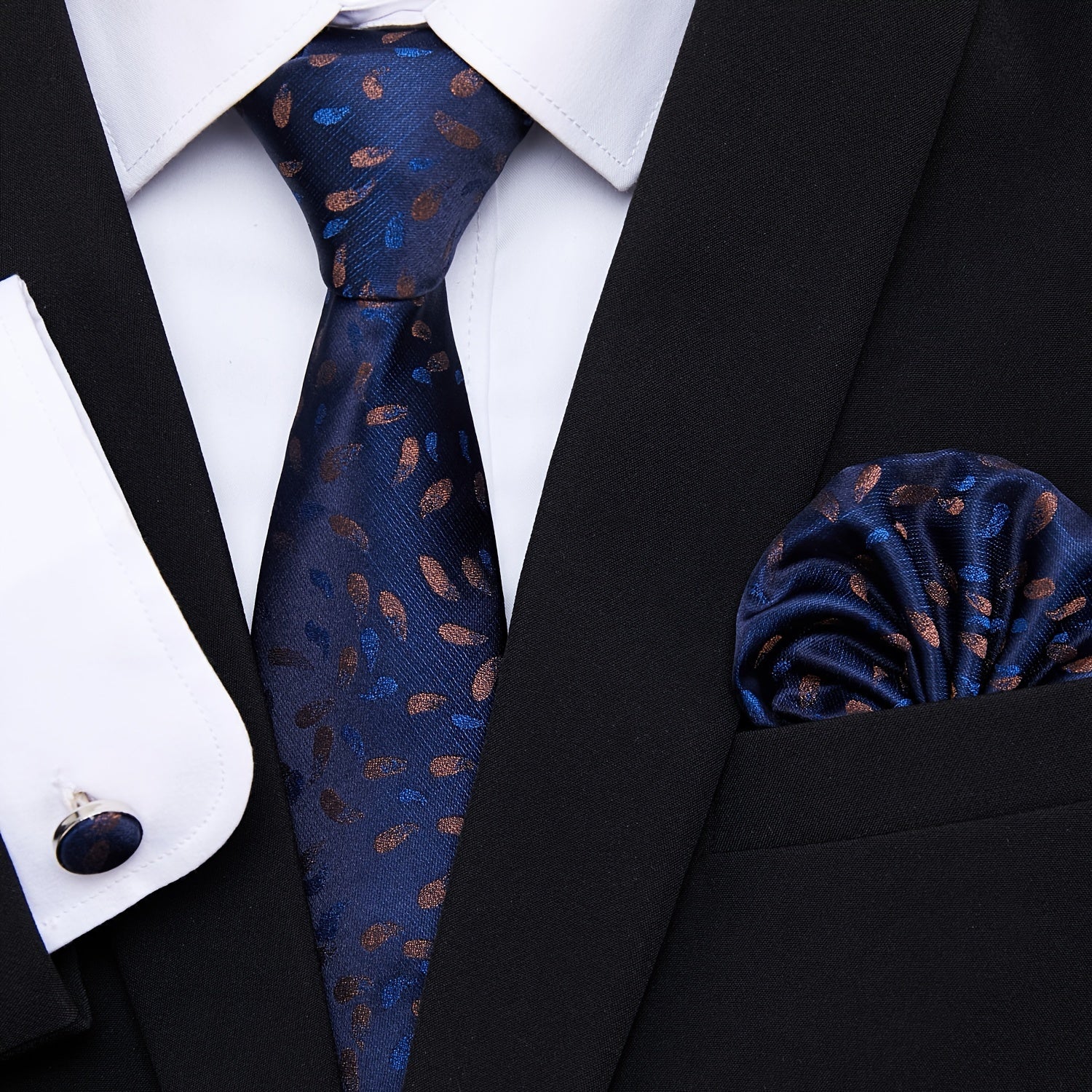 Men's Blue Jacquard Floral Tie Set with Pocket Square and Cufflinks for Weddings and Formal Events