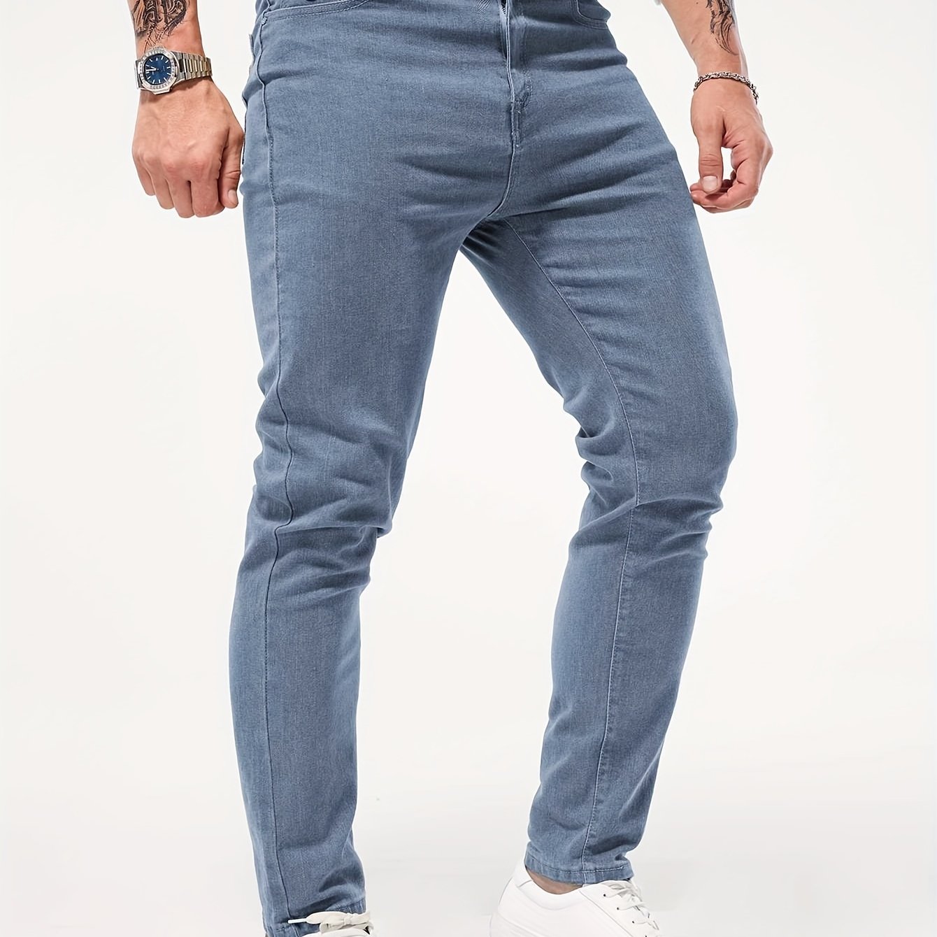 Jeans de corte recto ajustado para hombre, tela vaquera elástica, color sólido, cierre con botones, casual para todas las estaciones