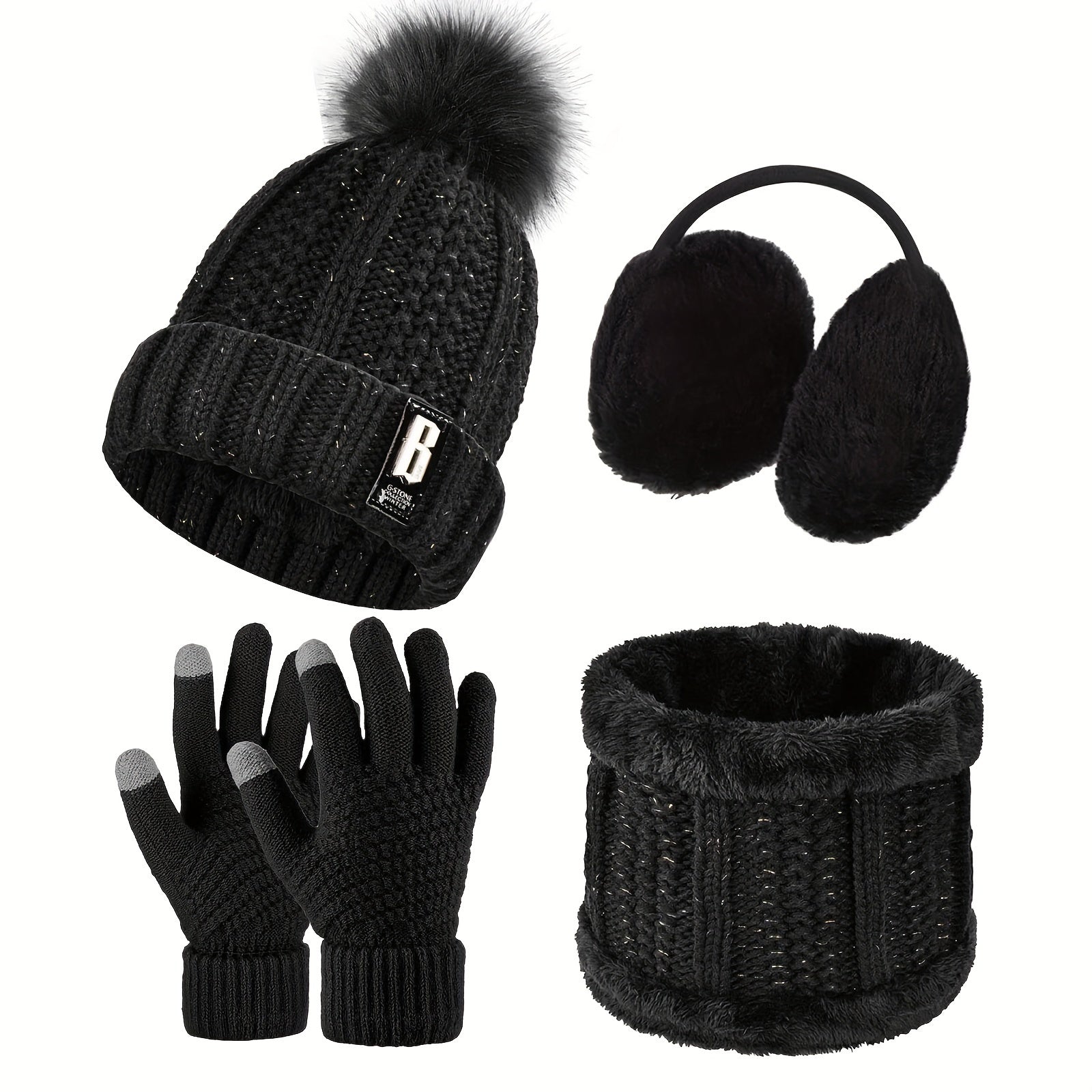 Winter Accessories Set for Women Polyester Knitted Beanie Hat Ear Warmers Gloves Scarf