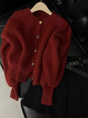 Women's Red Knit Cardigan Cozy Thick Sweater with Round Neck and Button-Up Design
