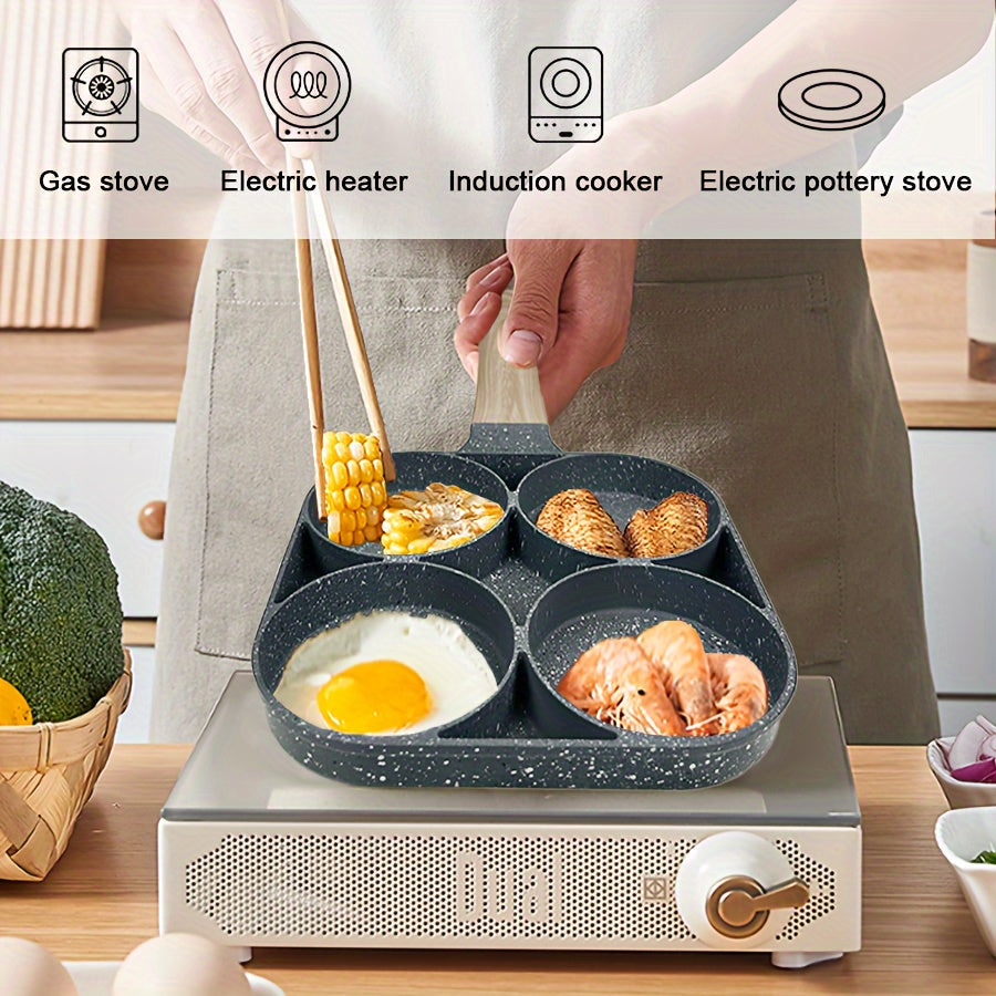 Non-Stick Egg Pan with Wooden Handle 4-Cavity Aluminum Dishwasher Safe