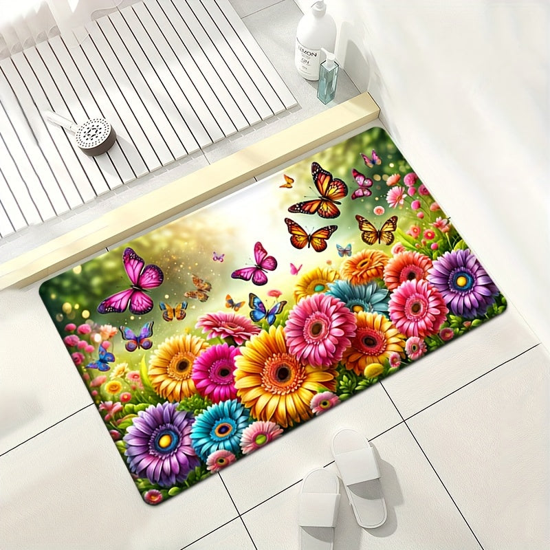 Flannel Flower Kitchen Rug Waterproof Non-slip Absorbent Anti-fatigue Mat with Sunflower Design