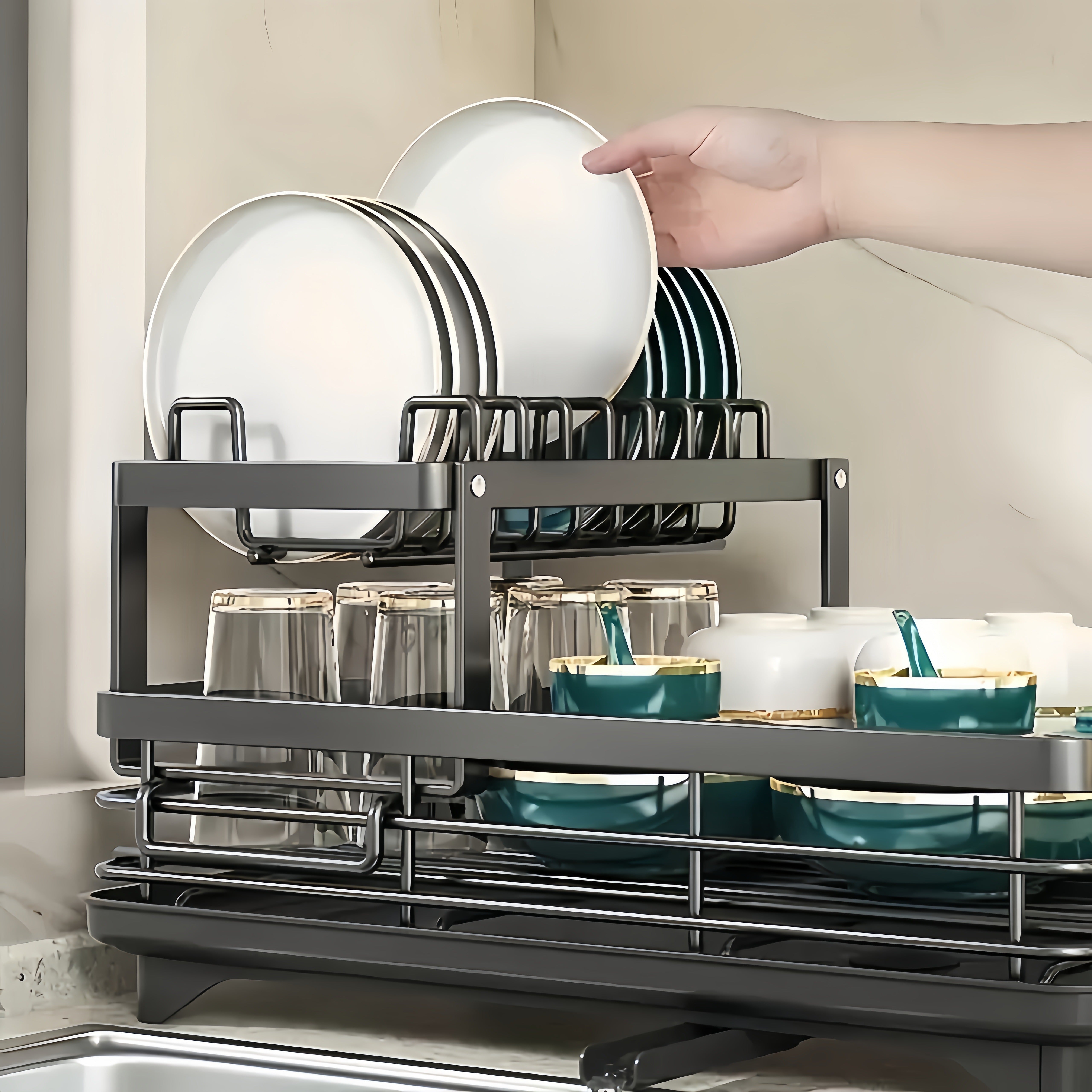 Space-Saving Double Dish Rack with Drainer and Cutlery Holder for Kitchen Organization