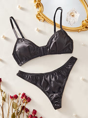 Solid Color Lingerie Set with Glossy Fabric, Matching Bra and Thong