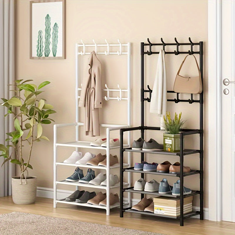 Black Metal Entryway Organizer Coat Rack with Hooks and Shoe Shelves 152.4cm