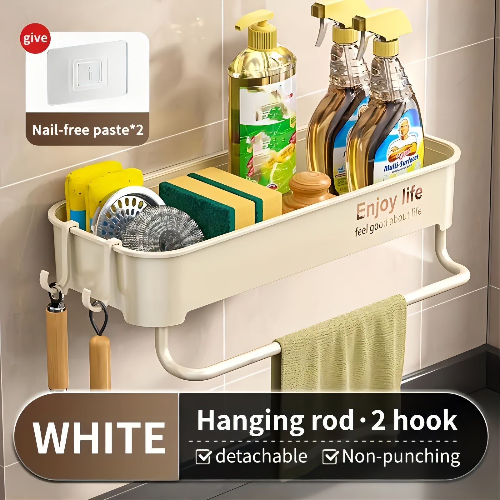 Kitchen Sink Organizer Plastic Caddy for Dish Cloths and Sponges Adhesive No-Drill Holder