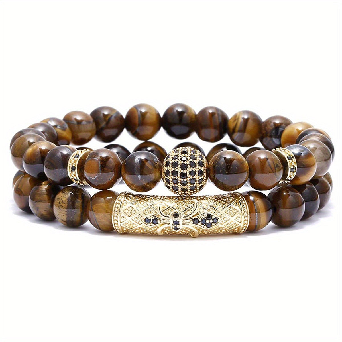 Set of 2 Tiger Eye Beaded Bracelets 8mm Stretchy Yoga Accessories for Men