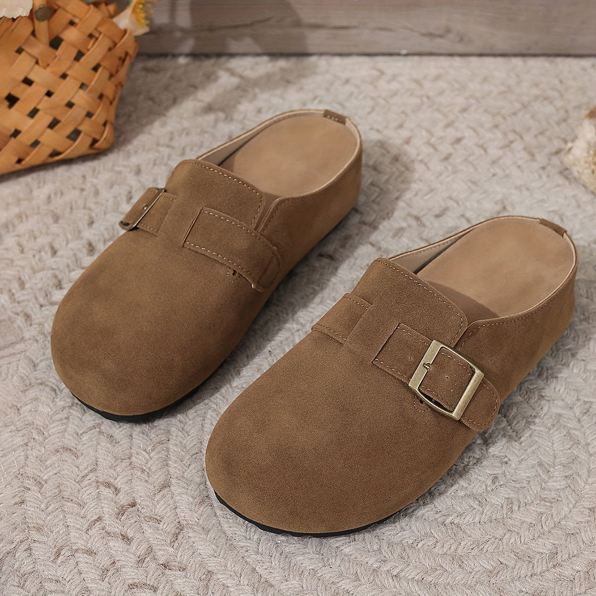 Women's Faux Leather Slip-On Mules Brown Green Buckle Casual Summer Comfort