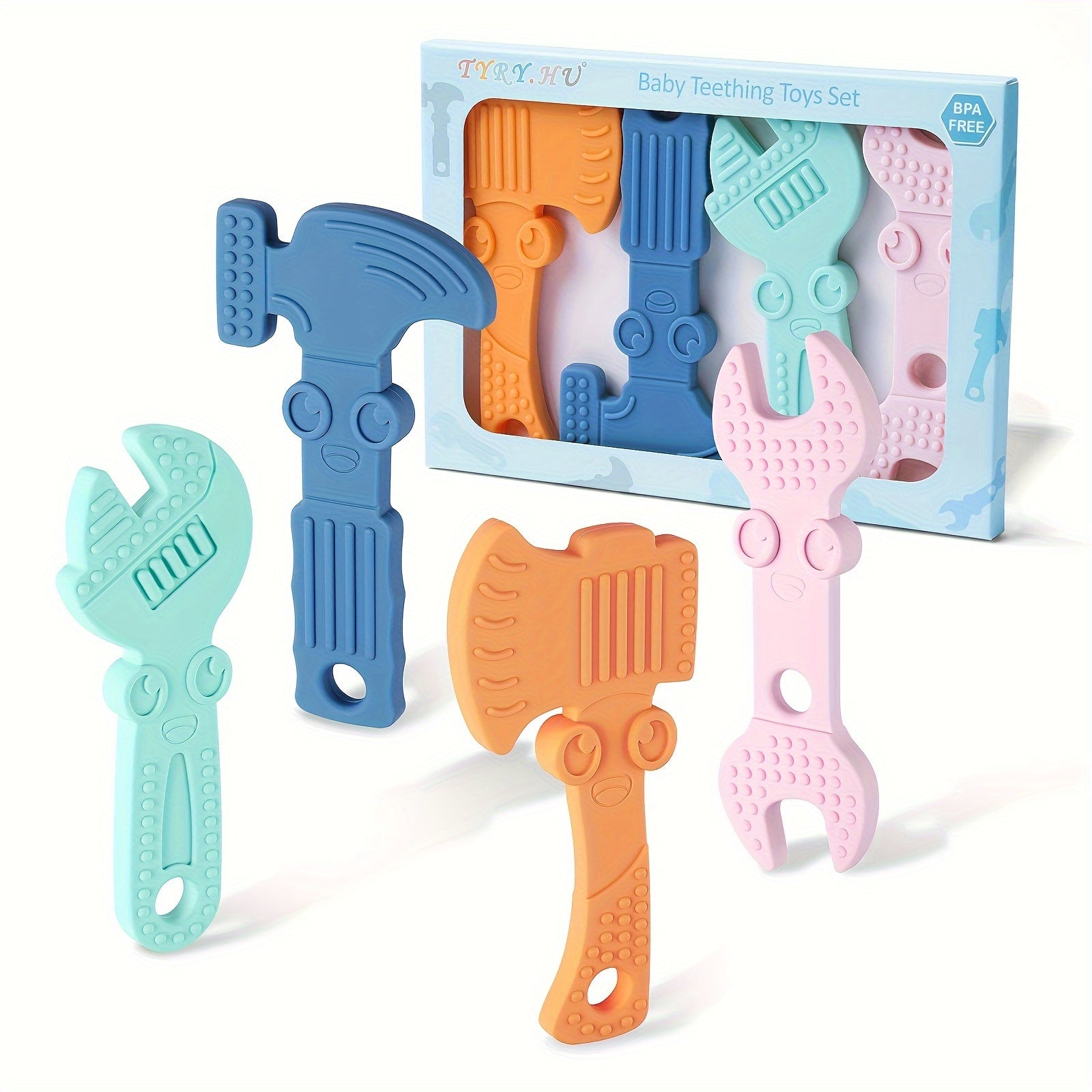 Baby Toy Set 4-Pack Silicone Tools for Toddlers Soft-Textured Hammer Wrench Spanner Pliers Gift
