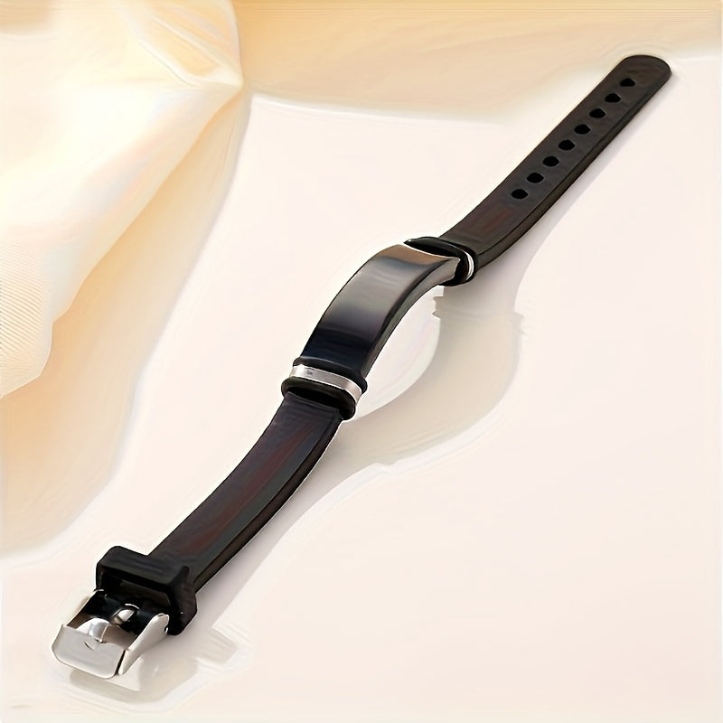 Men's Silicone Bracelet with Engraved Stainless Steel Tag Adjustable ID Wristband August Birthstone Unplated