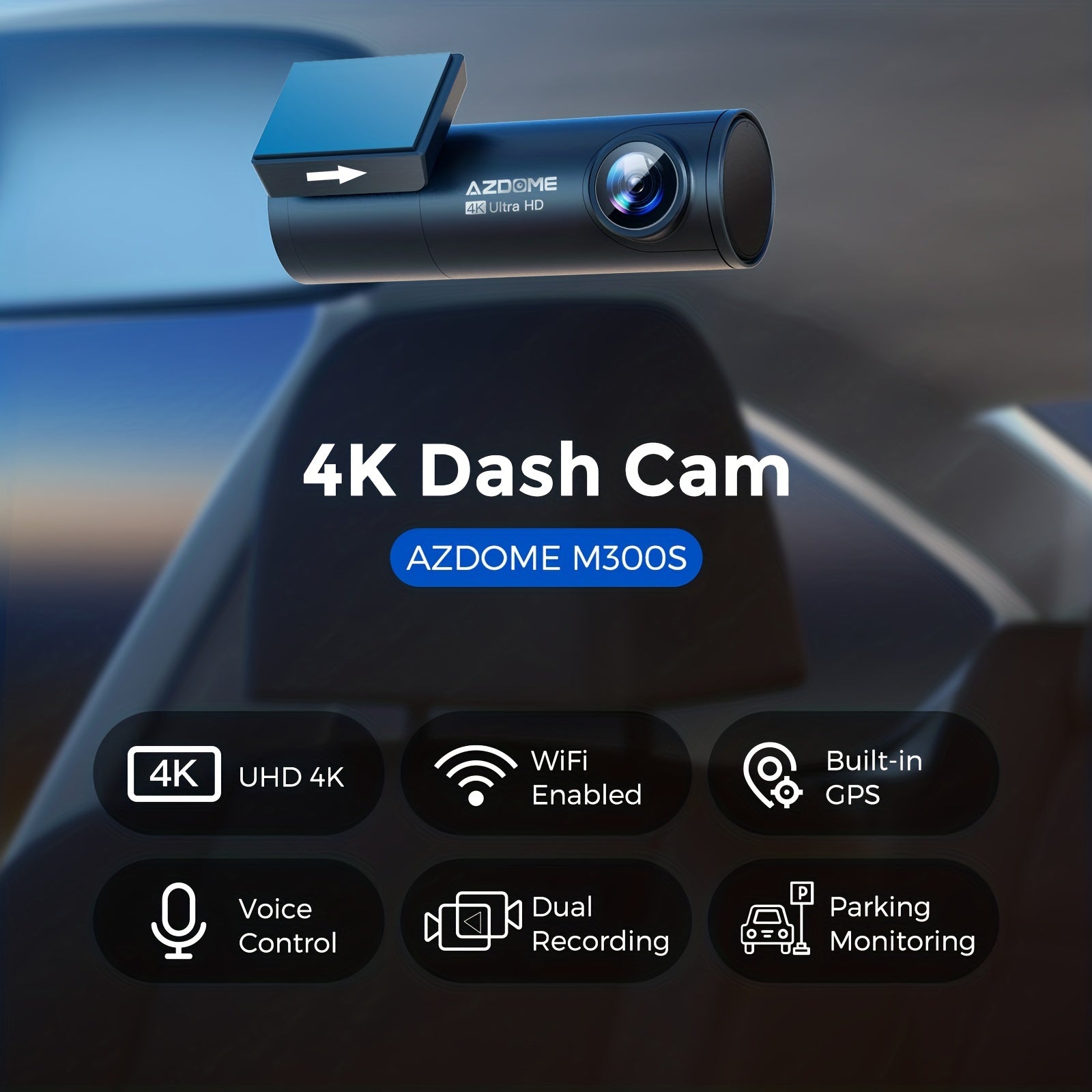AZDOME M300S 4K HD видеорегистратор с записью спереди и сзади в реальном времени, 5G WiFi, GPS, голосовым управлением, WDR, G-сенсором, мониторингом парковки и включенной SD-картой.