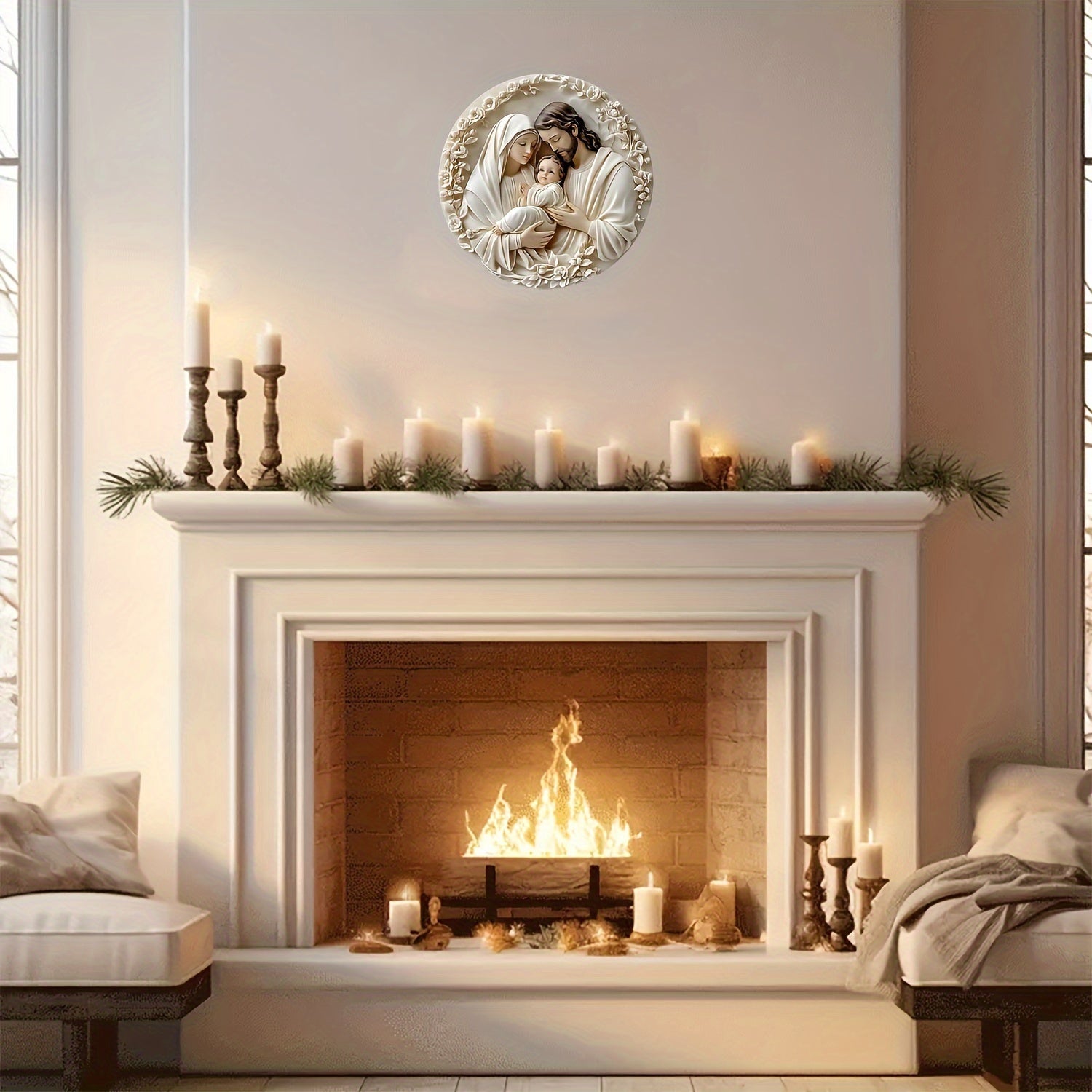 Religious Aluminum Wall Hanging Sign Sacred Family Metal Art Weather Resistant Textured Decor