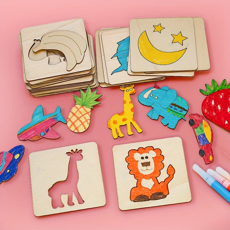 Wooden Craft Stencils Set 20pcs Animal and Fruit Designs Apricot for Kids Art and Craft Projects