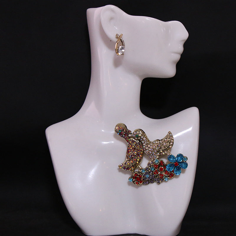 Elegant Enamel Brooch with Mandarin Ducks in Baroque Style Irregular Shape