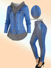 Ayollar uchun kattalashtirilgan sun'iy denim printli xuddi va shimlar to'plami, chiroyli bo'yinli pullover, tortish chiziqli, uzun qo'lqonli to'qilgan mato, 90% polyester 10% spandeks, har tomonlama printli kundalik kiyim to'plami.