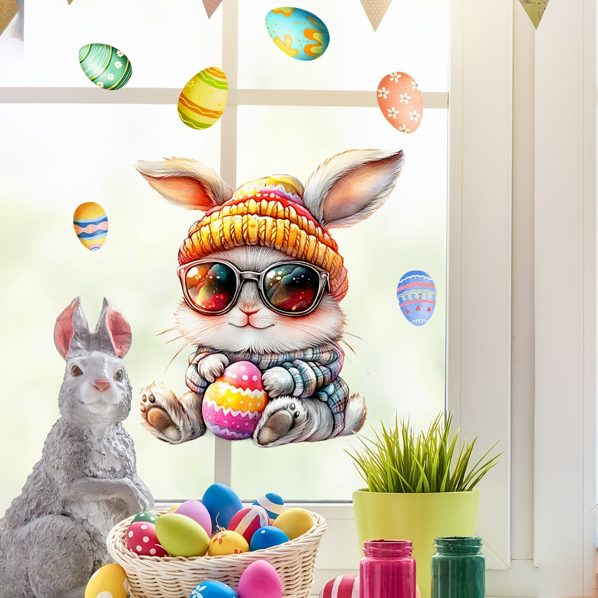 Двусторонний визуальный эффект Пасхального Крутого Кролика Наклейка на окно для раскрашивания яиц с повторно используемым ПВХ-материалом и стеклянным клеем - DJ7562-NL, толщина 5 мил
