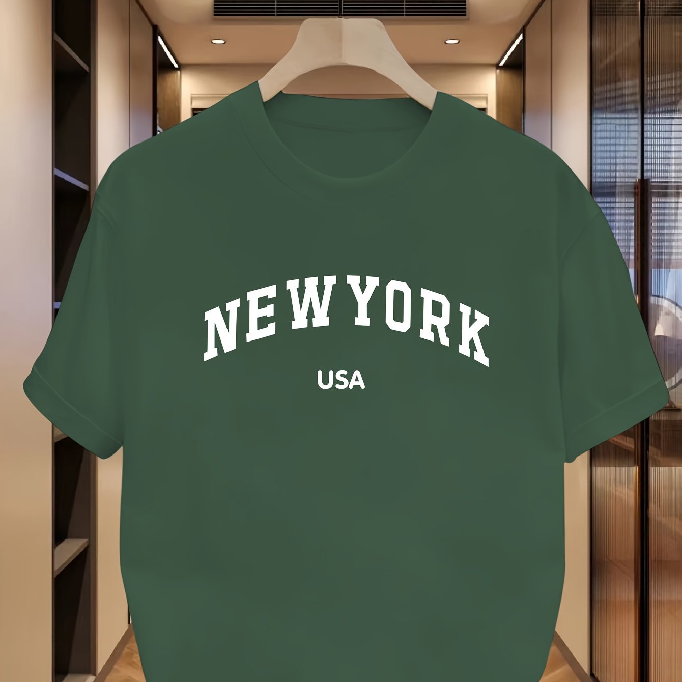 Camiseta de manga corta casual de verano para hombre con estampado de Nueva York, EE. UU., poliéster, elastano, ligero estiramiento, corte regular