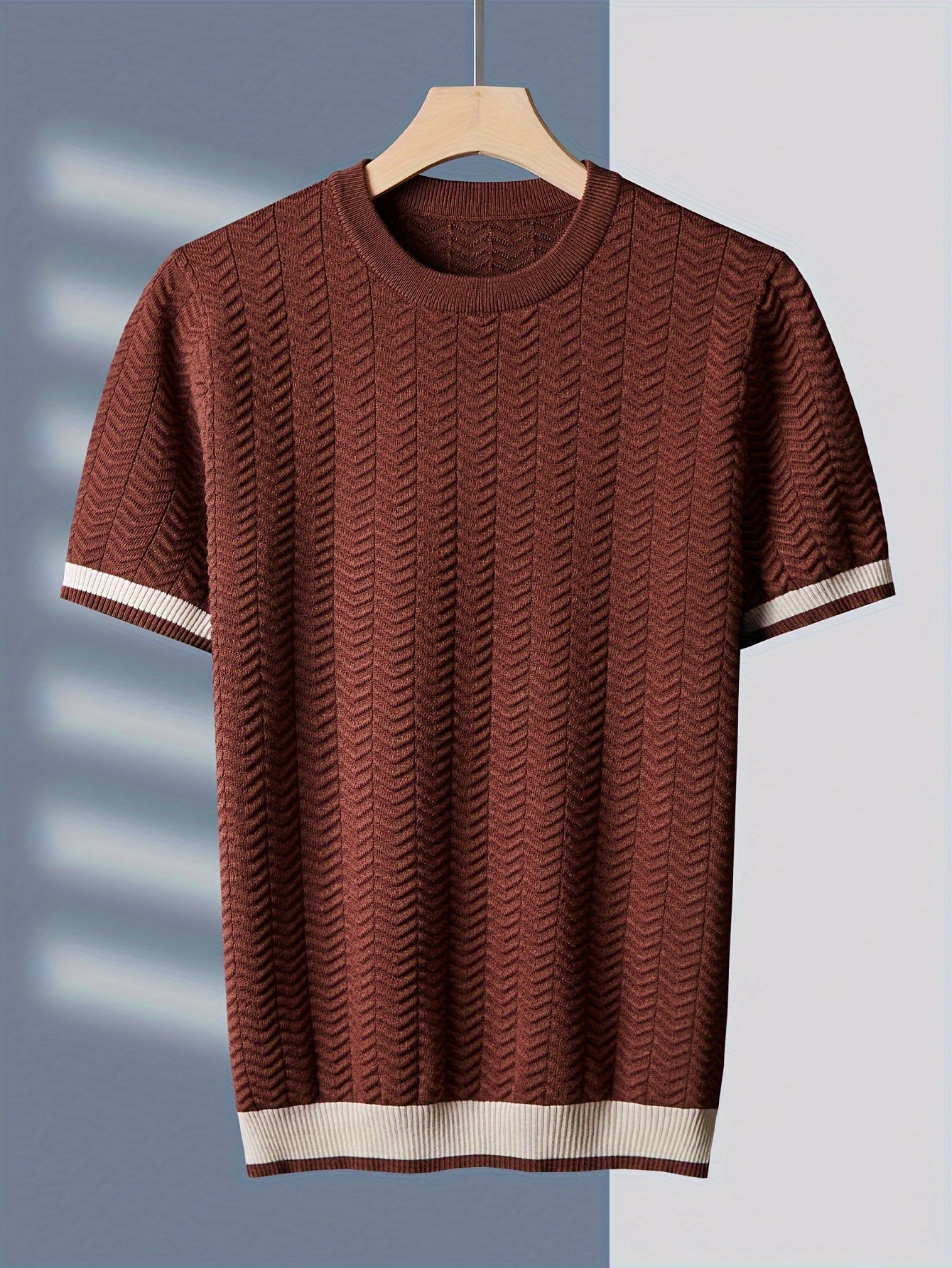 Men's Striped Knitted Short Sleeve Crew Neck Sweater for Fall Winter Street Style
