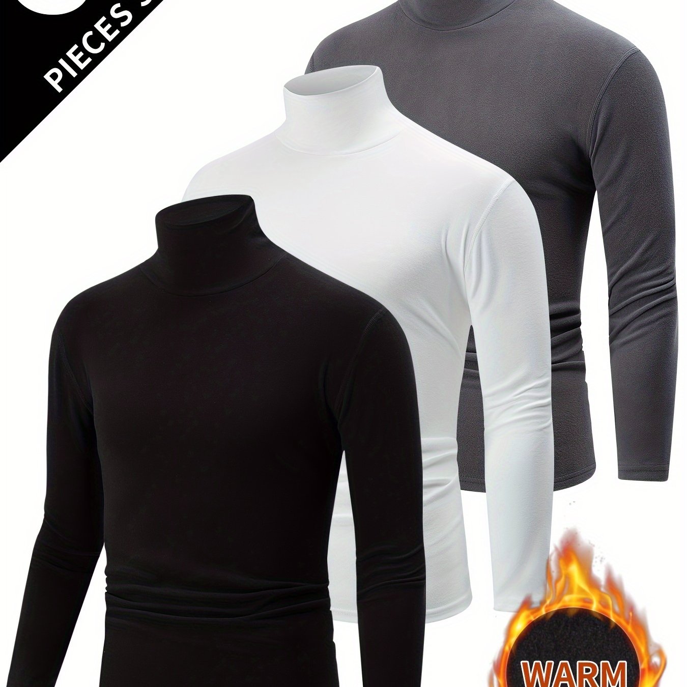 Men's Fleece Turtleneck Long Sleeve Shirt Fall Winter Solid Knit Polyester Elastane