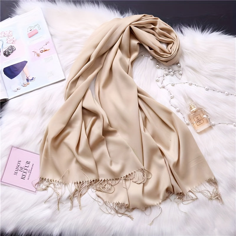 Women’s Tassel Scarf Solid Color Soft Polyester Cozy Windproof Wrap