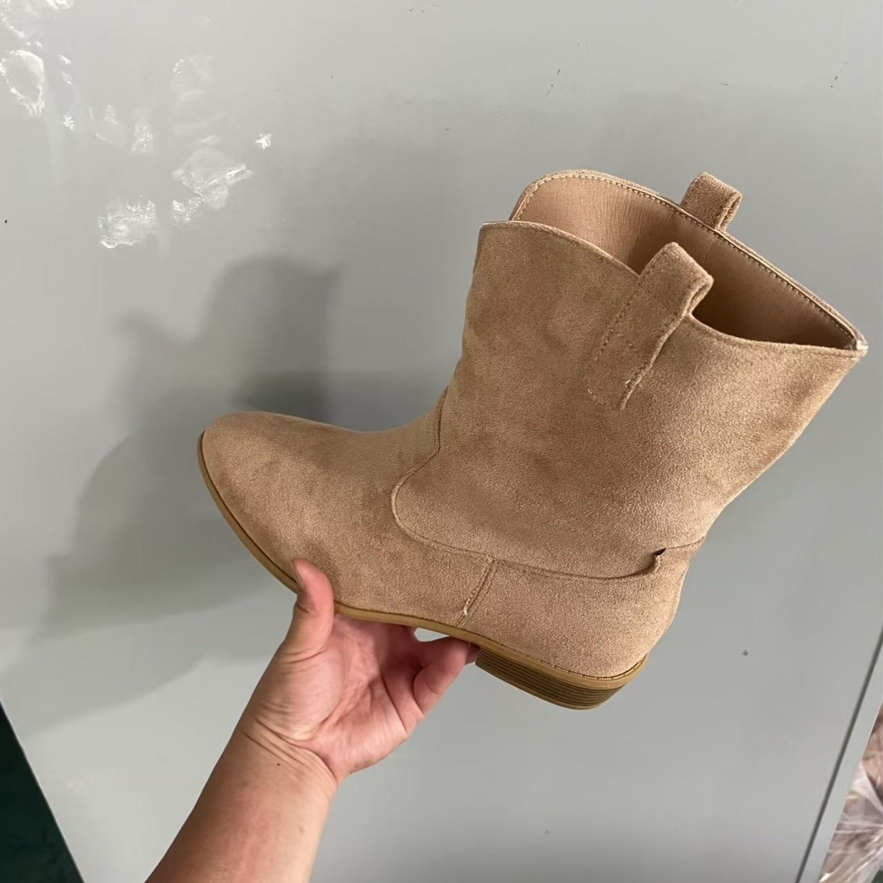 Women's Beige Slip-On Ankle Boots with Pointed Toe and Block Heel