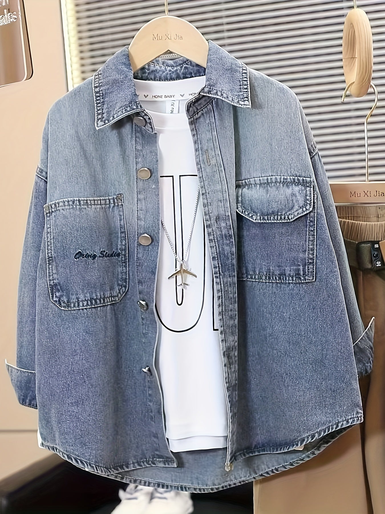 Boys Denim Jacket Loose Fit Button-Up Pockets Turn Collar Fall Winter Casual