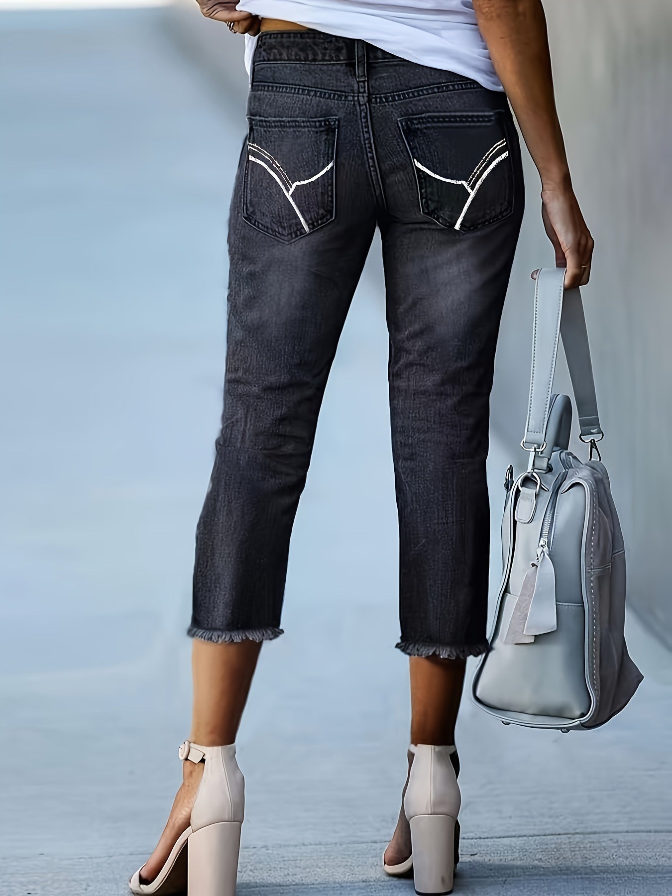 Pantalones vaqueros de mezclilla negros bordados para mujer talla grande, de pierna recta, casual