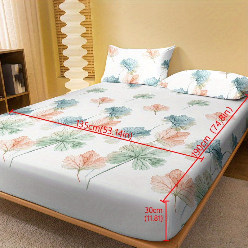 Leaf Print Fitted Sheet Deep Pocket Brushed Cotton Bed Sheet for Bedroom or Guest Room