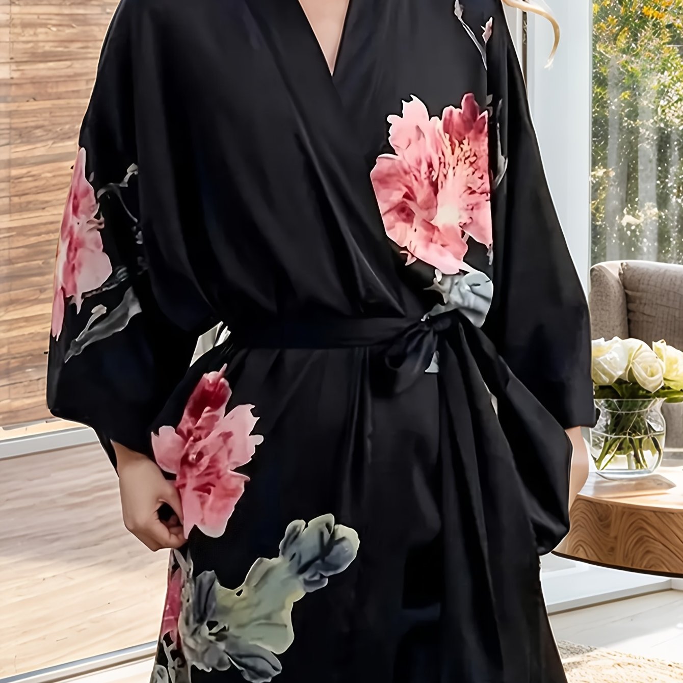 Plus Size Floral Satin Robe for Women Long Sleeve V-Neck Lounge Wear