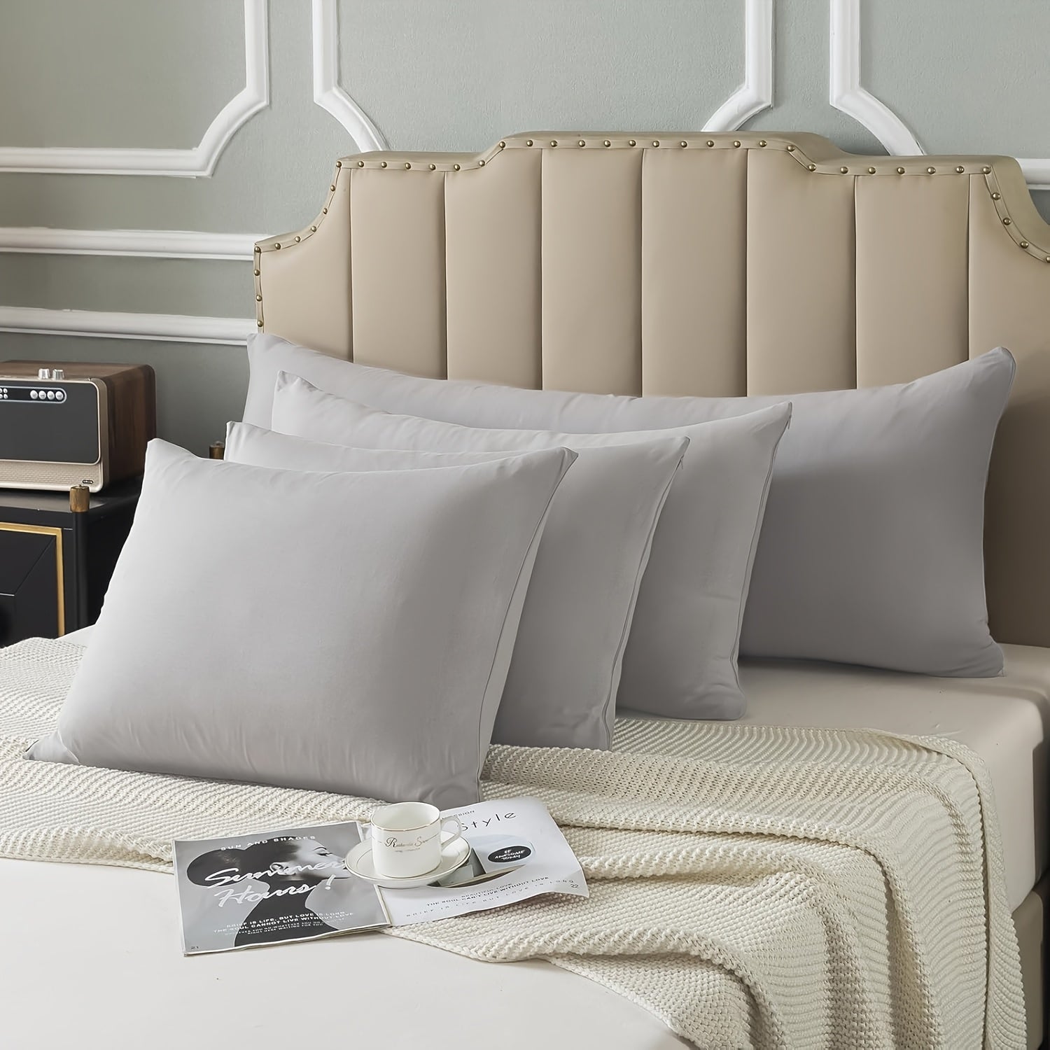 Gray Waterproof Knit Pillowcase Soft Breathable Stain-Resistant Machine Washable