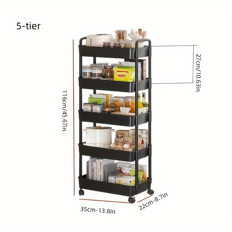 Heavy Duty Rolling Utility Cart with 3-5 Tiers in White or Black for Kitchen Storage