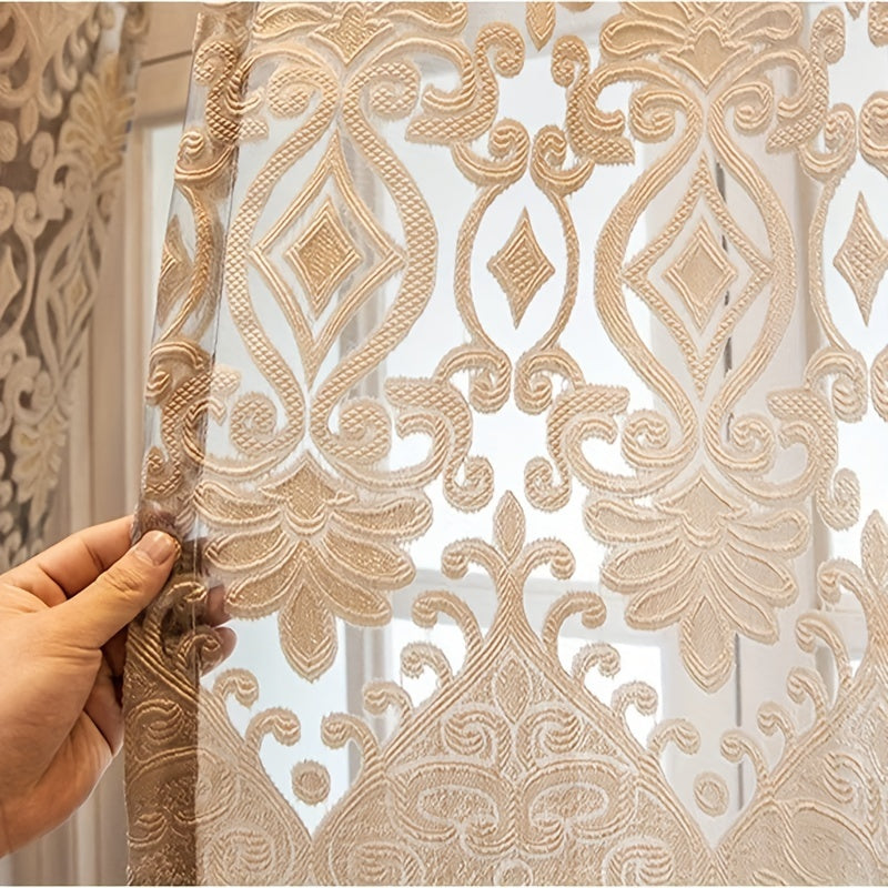 Sheer Curtains Set of 2 Brown and White European Villa Style Jacquard Embroidered for Living Room Bedroom