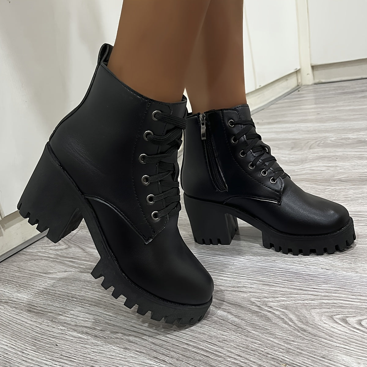 Women's Faux Leather Western Ankle Boots with Chunky Heel and Lace-Up Design