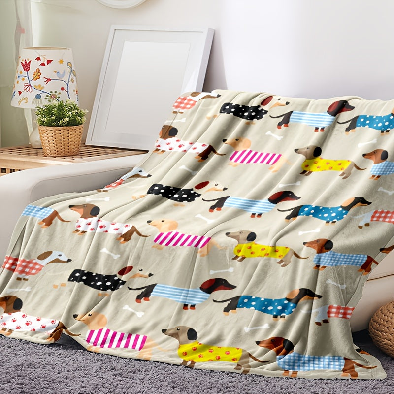 Dachshund Pattern Throw Blanket Polyester Stain-Resistant Knitted Gift for Dog Lovers