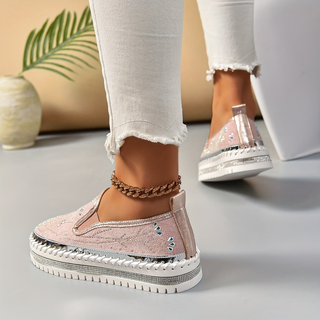 Women's Pink Glitter Slip-On Loafers with Rhinestones and Thick Sole