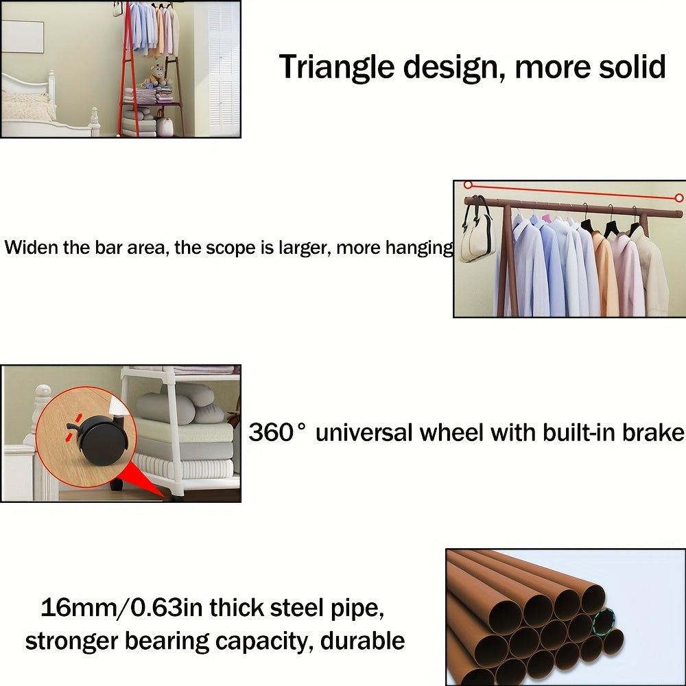 Metal Garment Rack with Wheels Triangle Storage Organizer Multi-Tier Clothes Coats Stand
