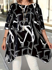 Plus Size Women's Asymmetrical Top Black White Geometric Long Sleeve