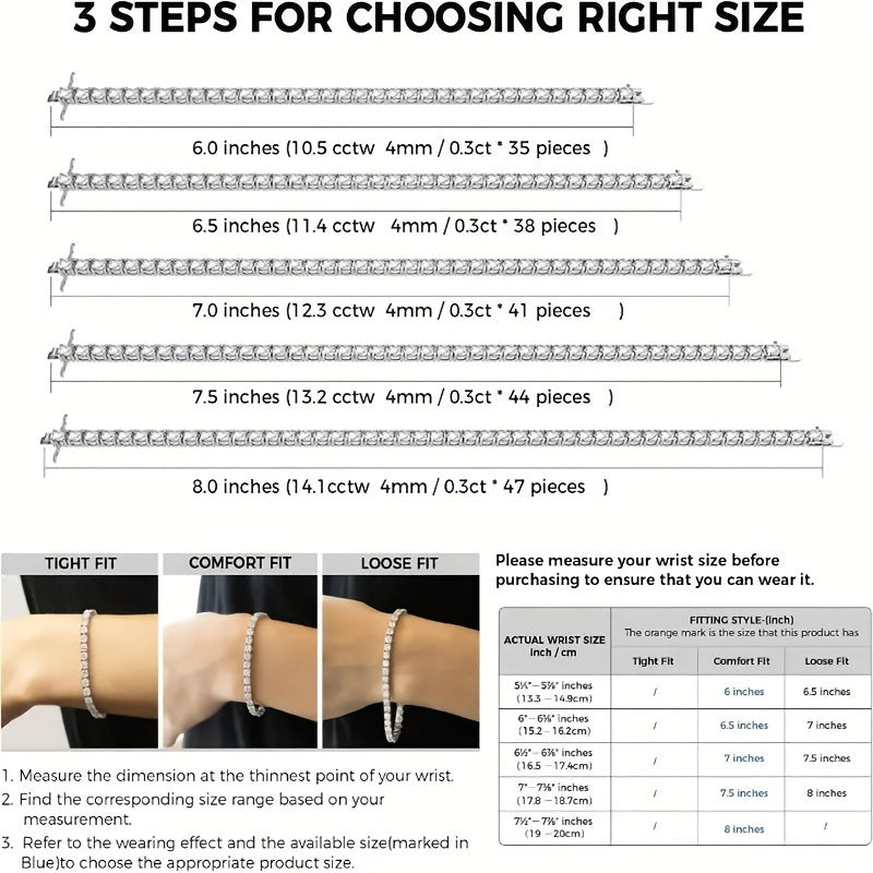 Zarif Moissanite Tennis Bilaguzuk - 10.5-14ct Laboratoriyada yaratilgan olmoslar, 18k Oq oltin bilan qoplangan 925 Sterling Silver, Har qanday bayram uchun ideal sovg'a