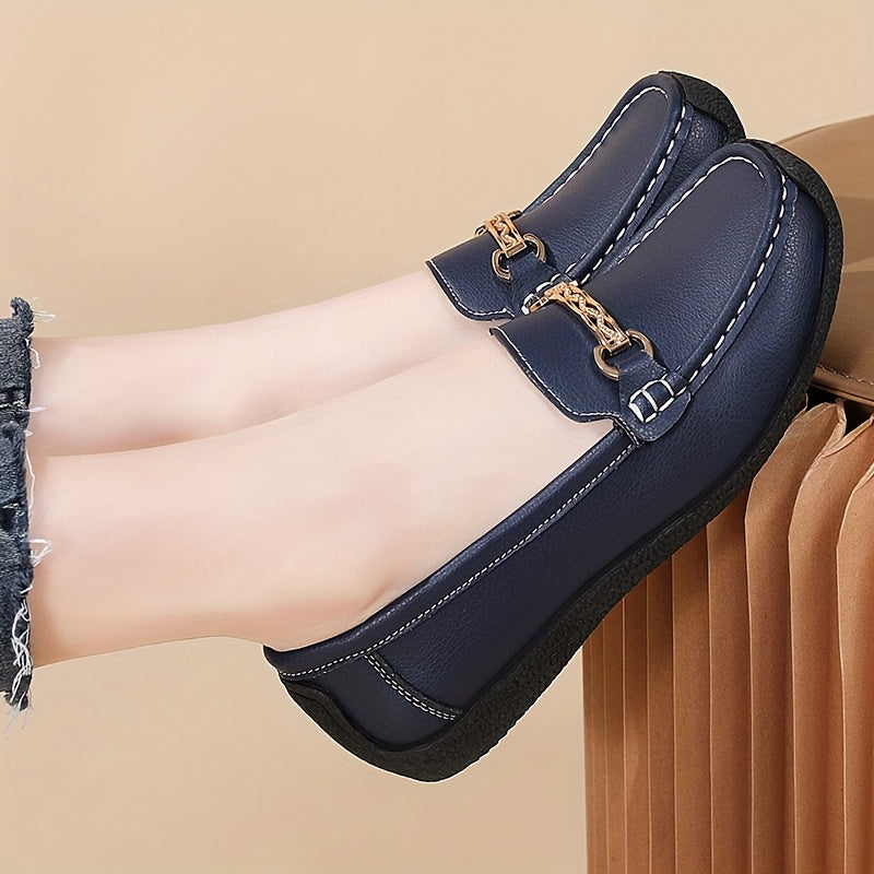 Women's Faux Leather Slip-On Loafers with Golden Chain Accents for Casual All-Season Use