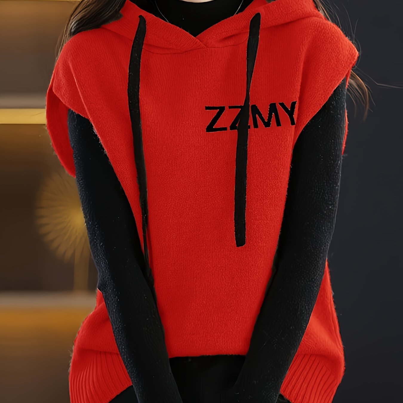 Chaleco de punto de talla grande con capucha, top casual para otoño e invierno, mujer