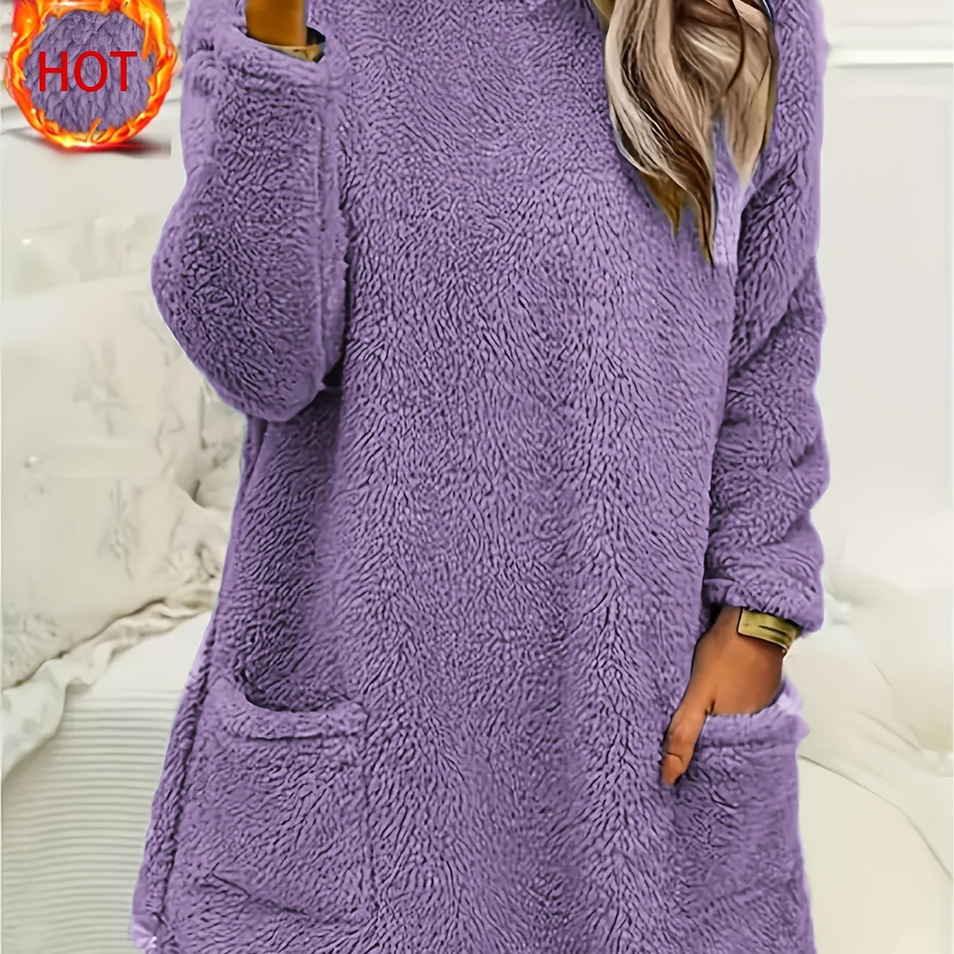 Women's Teddy Fleece Crew Neck Sweatshirt with Long Sleeves and Pocket for Fall Winter
