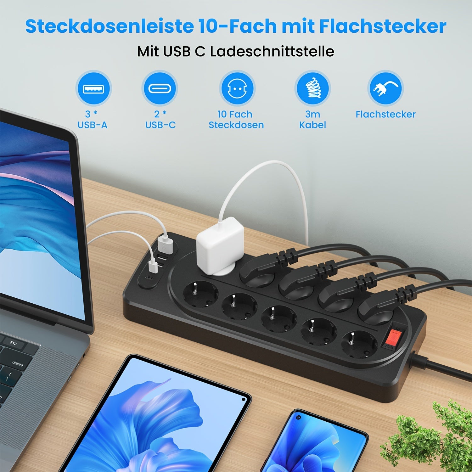 Power Strip with 10 Outlets USB Type-C Surge Protection Overload Switch 3m Extension Cord