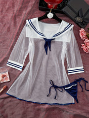 Sexy Preppy Sailor Cosplay Costume Sheer Mesh Dress with Thong