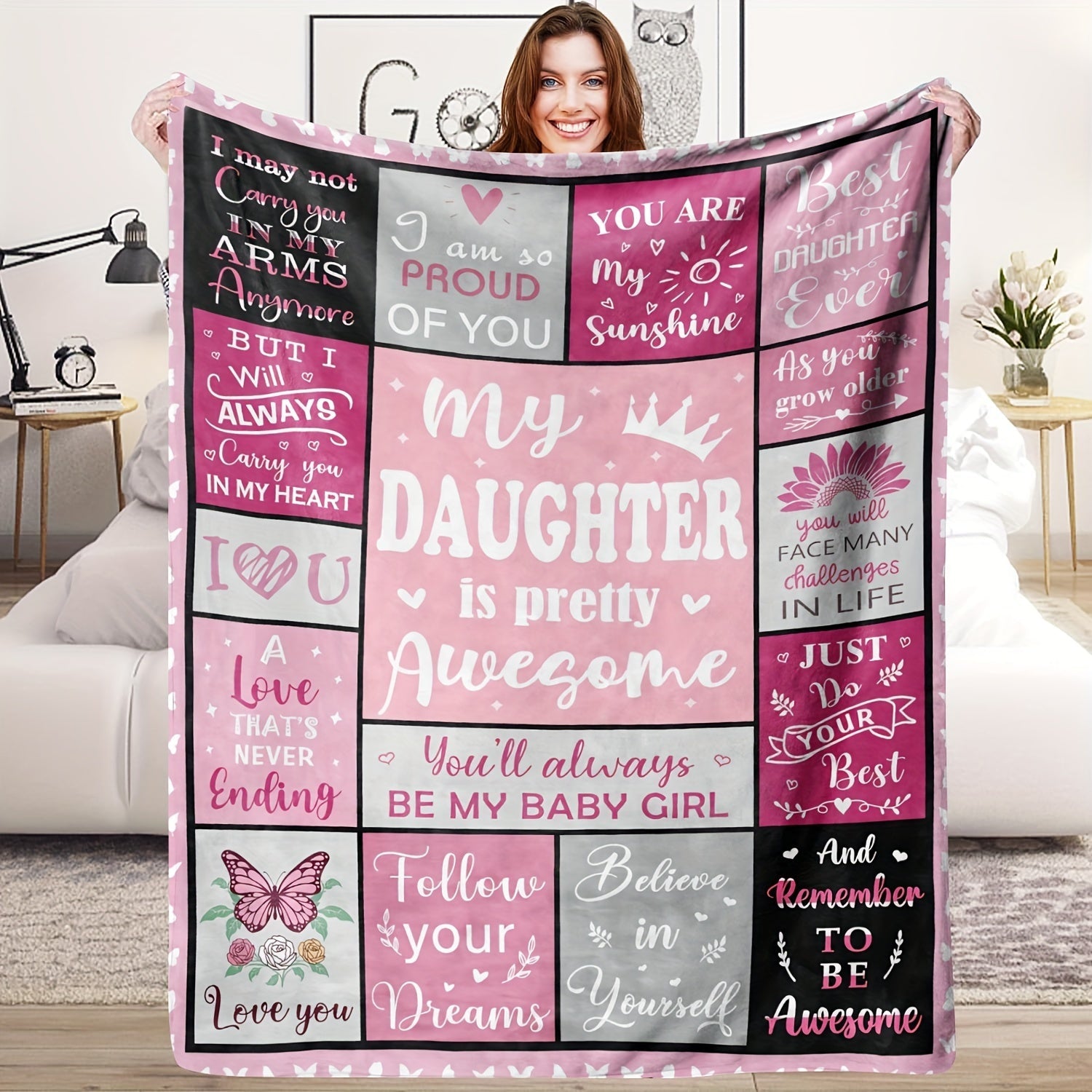 Pink Flannel Throw Blanket with Patchwork Pattern and Inspirational Quotes for Girls
